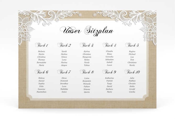 Sitzplan Poster Hochzeit Lace 70 x 50 cm Poster in Leinen-Optik mit weißer Spitze