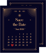 Save the Date-Kalenderblatt Astro Kalenderblatt-Karte blau mit Sonne, Mondphasen und Sternen