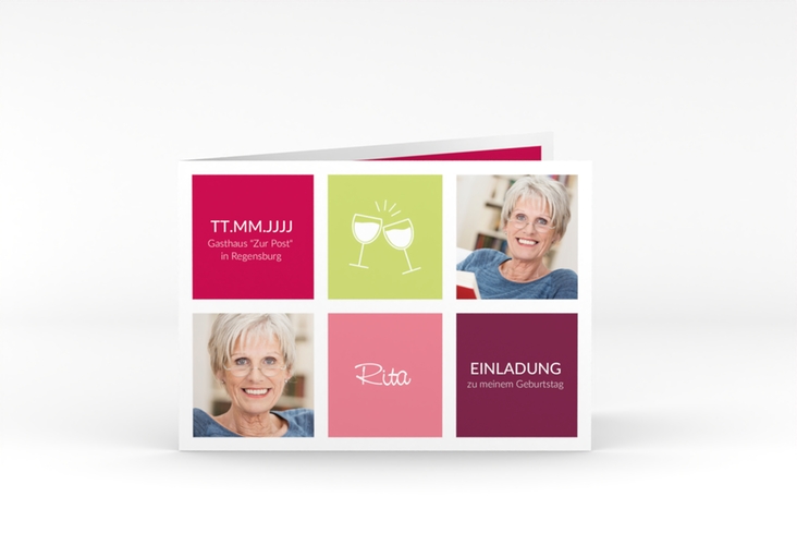 Einladung 70. Geburtstag Celebration A6 Klappkarte quer pink