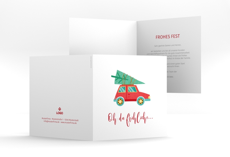 Geschäftliche Weihnachtskarte Weihnachtslust quadr. Klappkarte weiss humorvoll mit Weihnachtsbaum auf Auto