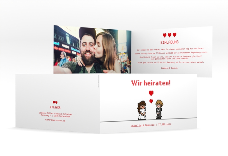 Hochzeitseinladung Pixel lange Klappkarte quer weiss hochglanz
