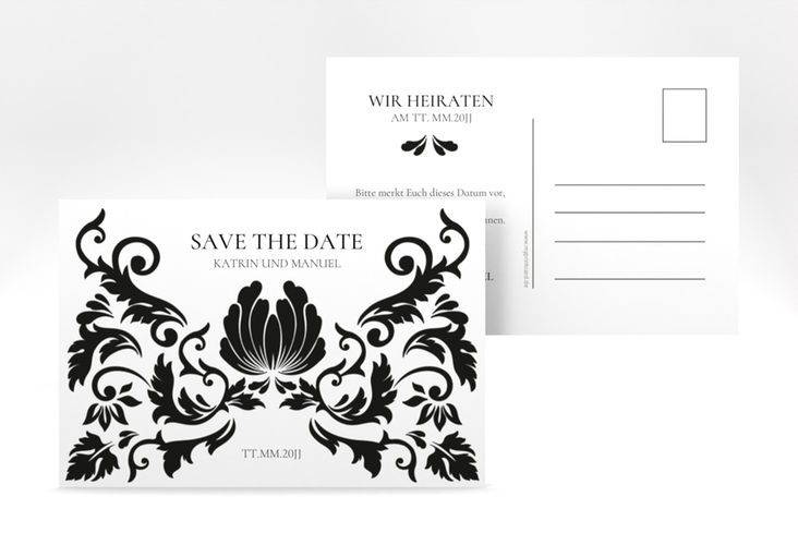 Save the Date-Postkarte Royal A6 Postkarte weiss hochglanz mit barockem Blumen-Ornament