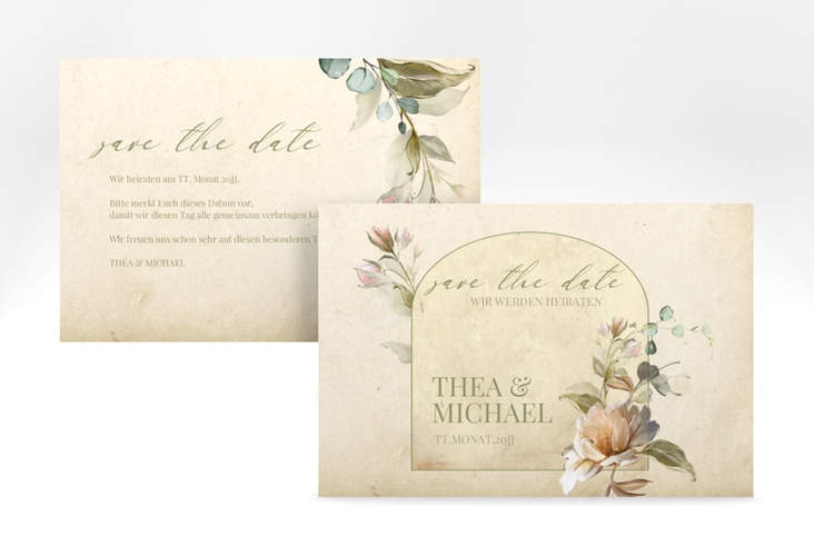 Save the Date-Karte Dornröschen A6 Karte quer mit Aquarell-Rosen im Vintage-Look