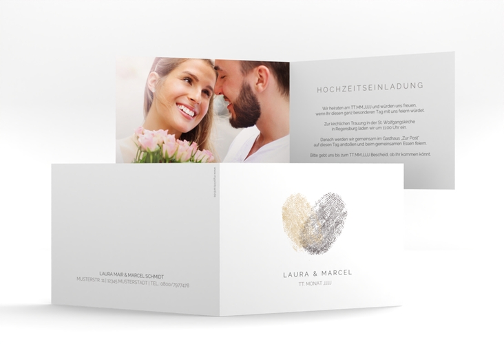 Hochzeitseinladung Fingerprint A6 Klappkarte quer beige schlicht mit Fingerabdruck-Motiv