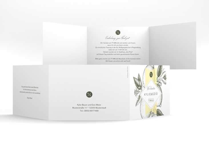 Hochzeitseinladung Lemon A6 Doppel-Klappkarte mit mediterranem Zitronen-Kupferstich