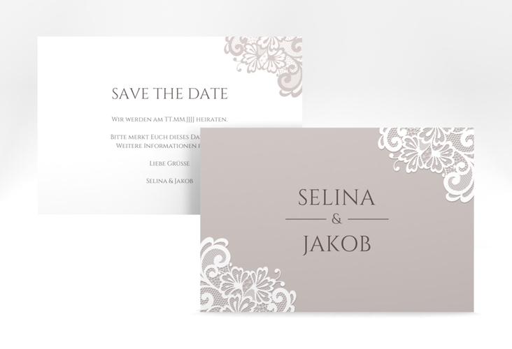 Save the Date-Karte Vintage A6 Karte quer mit floraler Spitze