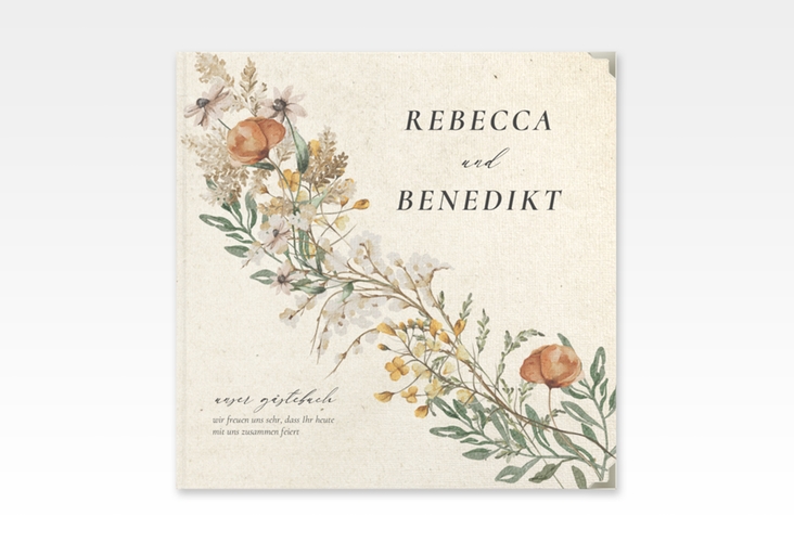 Gästebuch Selection Hochzeit Wildfang Leinen-Hardcover beige mit getrockneten Wiesenblumen