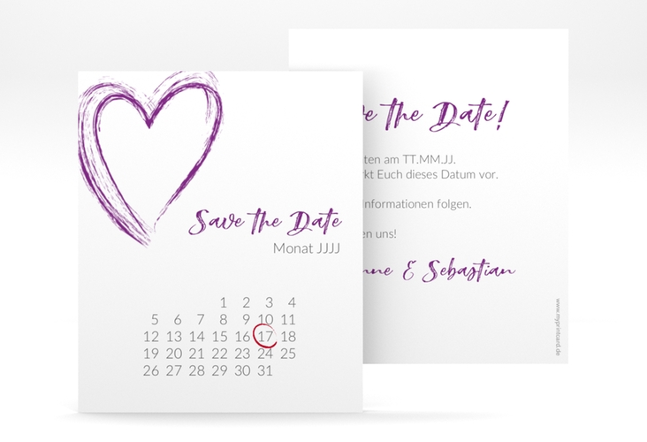 Save the Date-Kalenderblatt Liebe Kalenderblatt-Karte lila hochglanz