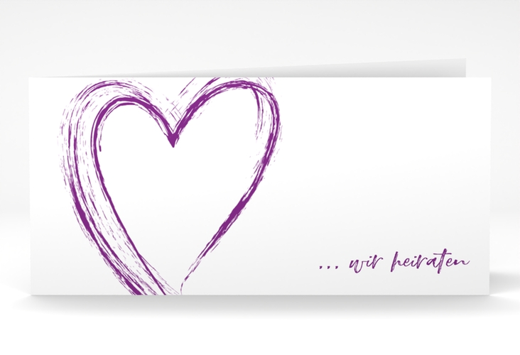Hochzeitseinladung Liebe lange Klappkarte quer lila hochglanz