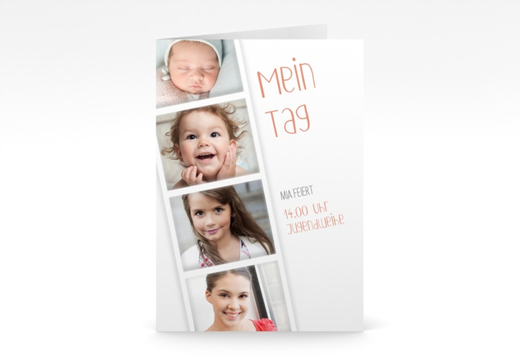 Einladung Jugendweihe Photostrip A6 Klappkarte hoch apricot hochglanz