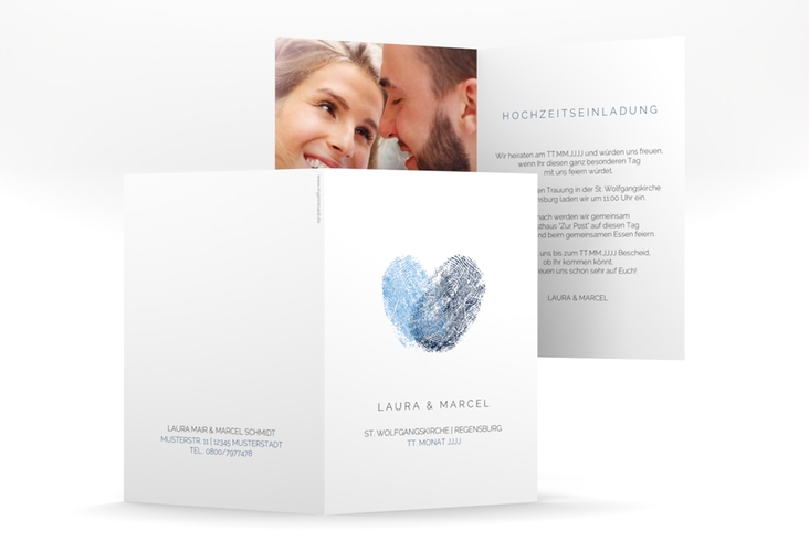Einladungskarte Hochzeit Fingerprint A6 Klappkarte hoch blau schlicht mit Fingerabdruck-Motiv