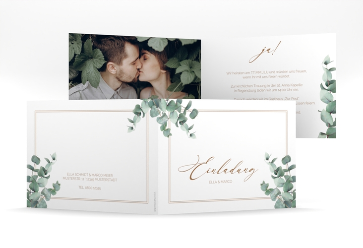 Hochzeitseinladung Eucalypt mittlere Klappkarte quer hochglanz mit Eukalyptus und edlem Rahmen