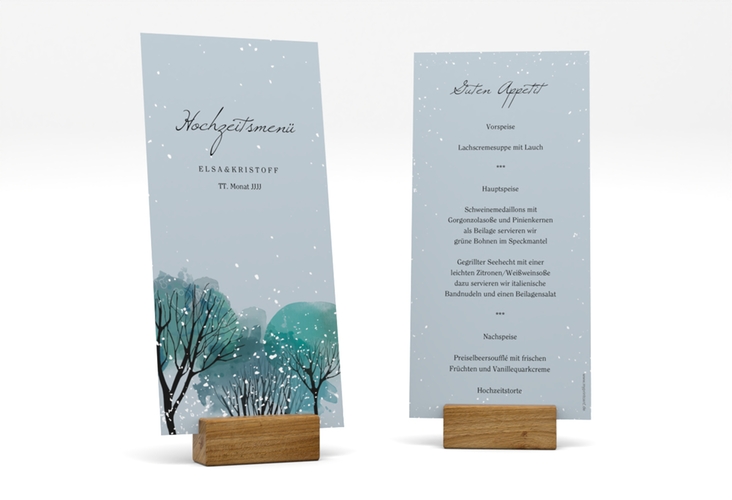 Menükarte Hochzeit Winterhochzeit lange Karte hoch blau hochglanz