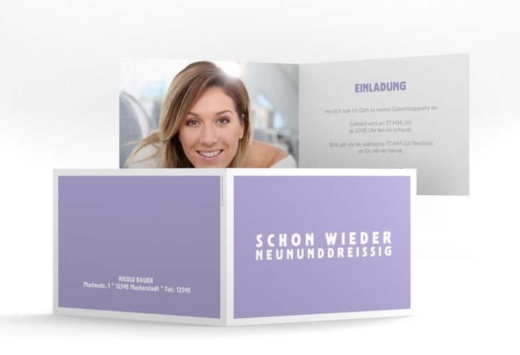 Einladung 40. Geburtstag Gag A6 Klappkarte quer flieder hochglanz