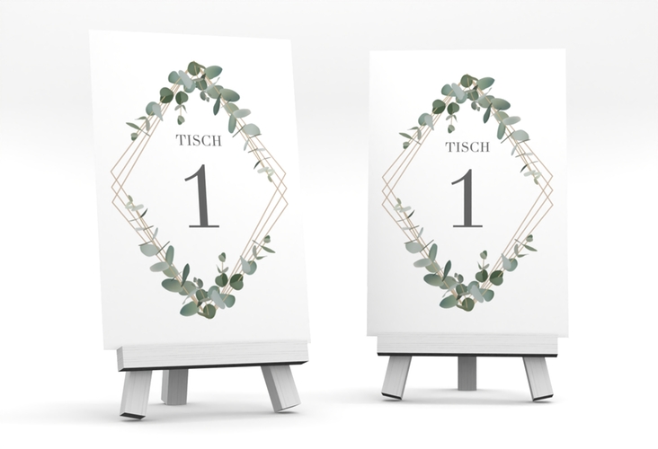 Tischnummer Hochzeit Eukalyptus Tischaufsteller weiss hochglanz