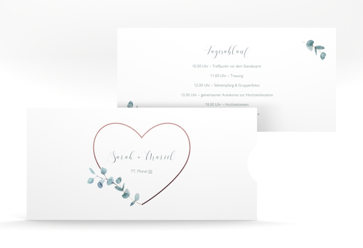 Hochzeitseinladung Greenheart Einsteckkarte rosa hochglanz mit elegantem Herz und Eukalyptus-Zweig