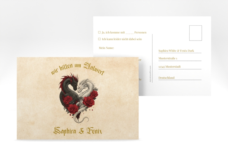 Antwortkarte Hochzeit Drachenliebe A6 Postkarte beige mit schwarzem und weißem Drachen zu einem Herz verschlungen