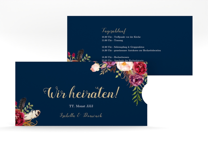 Hochzeitseinladung Flowers Einsteckkarte blau mit bunten Aquarell-Blumen