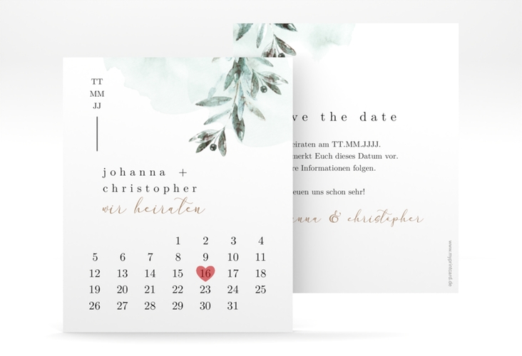 Save the Date-Kalenderblatt Mediterran Kalenderblatt-Karte gruen hochglanz mit Lorbeerzweig in Aquarell