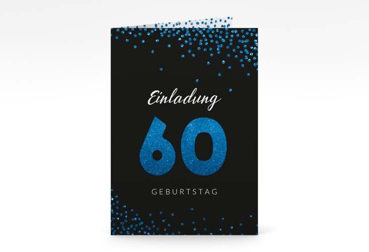 Einladung 60. Geburtstag Glitzer A6 Klappkarte hoch blau hochglanz