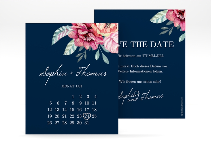 Save the Date-Kalenderblatt Blooming Kalenderblatt-Karte blau hochglanz