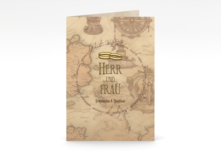 Danksagungskarte Hochzeit Zwei Ringe A6 Klappkarte hoch mit Eheringen und Fantasy-Landkarte