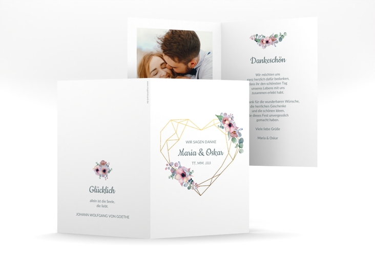Dankeskarte Hochzeit Herzgold A6 Klappkarte hoch mit Gräsern und Trockenblumen für Boho-Hochzeit