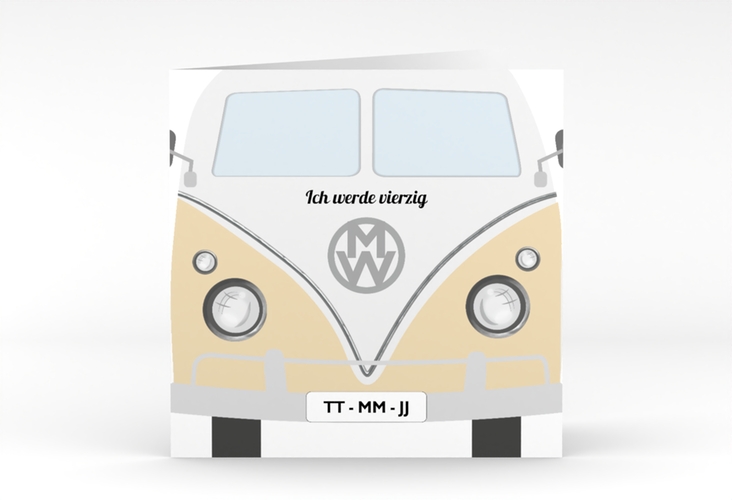 Einladung 40. Geburtstag Bulli Bus quadr. Klappkarte beige hochglanz