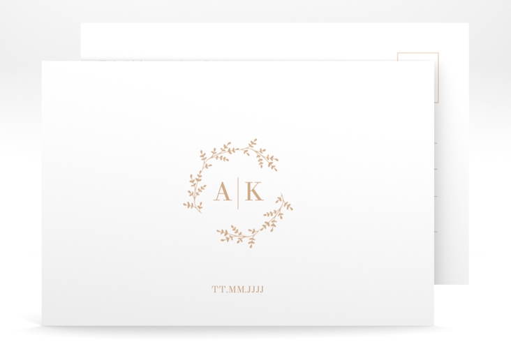 Antwortkarte Hochzeit Filigrana A6 Postkarte beige hochglanz in reduziertem Design mit Initialen und zartem Blätterkranz