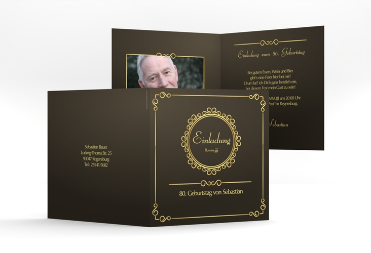 Einladung 80. Geburtstag Bert/Berta quadr. Klappkarte braun