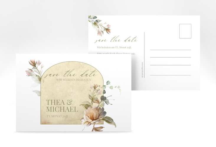 Save the Date-Postkarte Dornröschen A6 Postkarte weiss mit Aquarell-Rosen im Vintage-Look