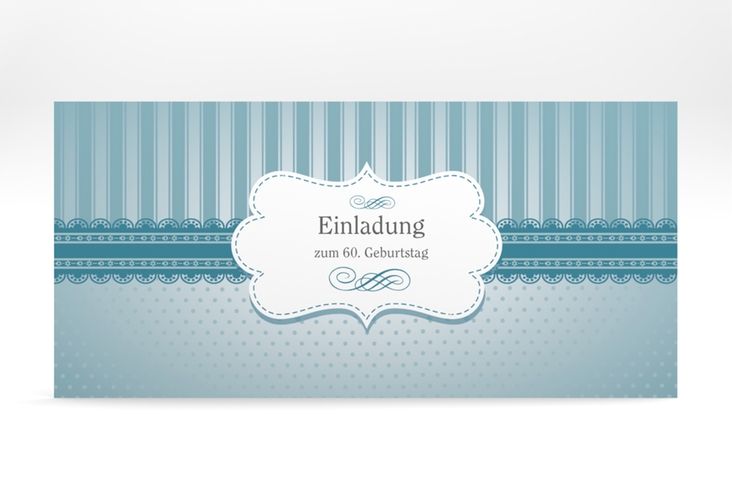Einladung 60. Geburtstag Heinrich/Henriette lange Karte quer blau hochglanz mit frechen Polka Dots