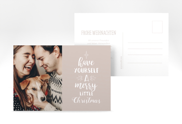 Weihnachtskarte Winterfreuden A6 Postkarte beige im Handlettering-Stil mit Foto