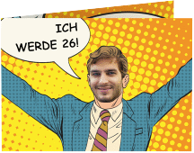 Einladung Geburtstag Popart Man A6 Klappkarte quer gelb