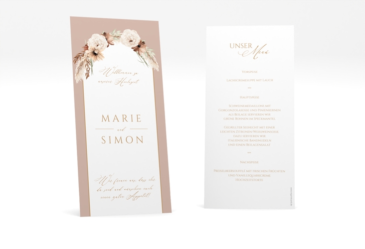 Menükarte Hochzeit Blumenbogen lange Karte hoch rosa hochglanz