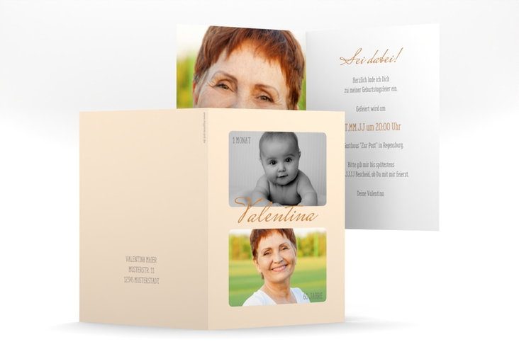 Einladung 60. Geburtstag Zeitlos A6 Klappkarte hoch beige hochglanz mit Damals- und Heute-Fotos