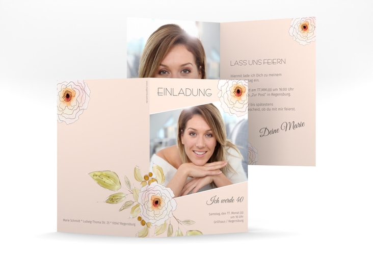 Einladung 40. Geburtstag Fleur A6 Klappkarte hoch