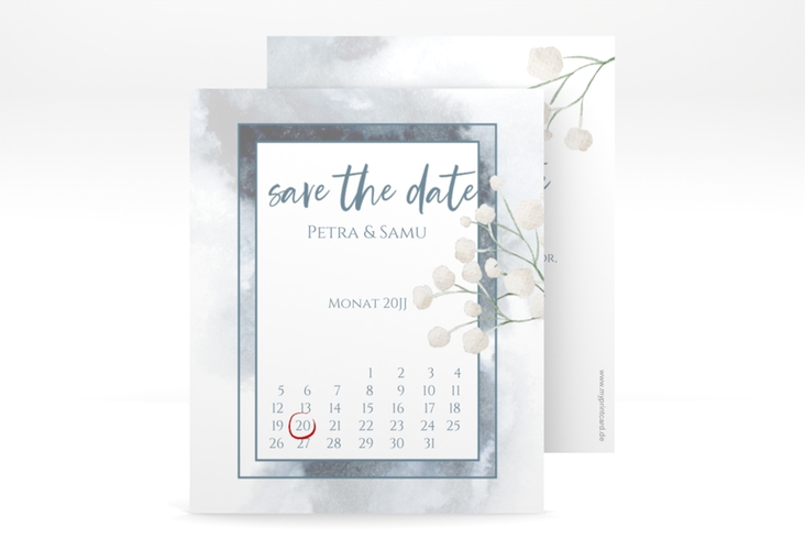 Save the Date-Kalenderblatt Winter Kalenderblatt-Karte blau hochglanz mit Schleierkraut