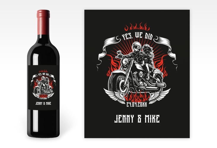 Weinetikett zur Hochzeit Biker Etikett Weinflasche 4er Set schwarz mit Rocker-Paar auf Motorrad