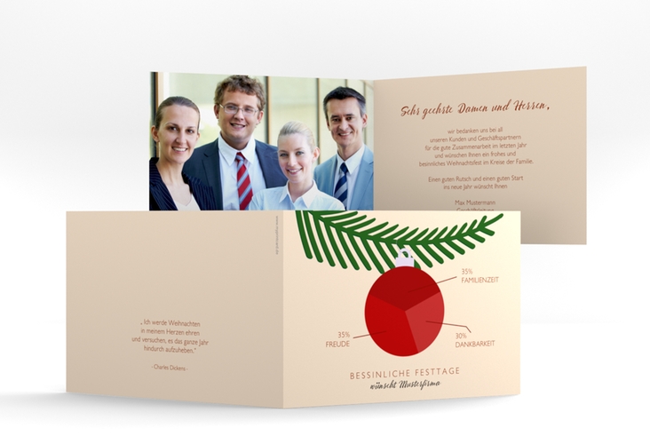 Geschäftliche Weihnachtskarte Diagramm A6 Klappkarte quer mit roter Weihnachtskugel als Tortendiagramm