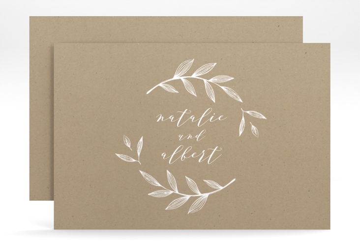Save the Date-Karte Naturelove A6 Karte quer weiss hochglanz in Kraftpapier-Optik mit Blattzeichnung
