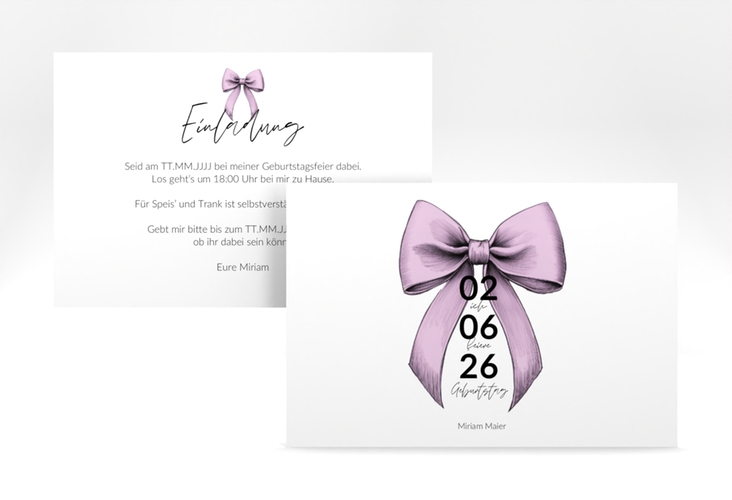 Einladung Geburtstag Geburtstagsschleife A6 Karte quer rosa