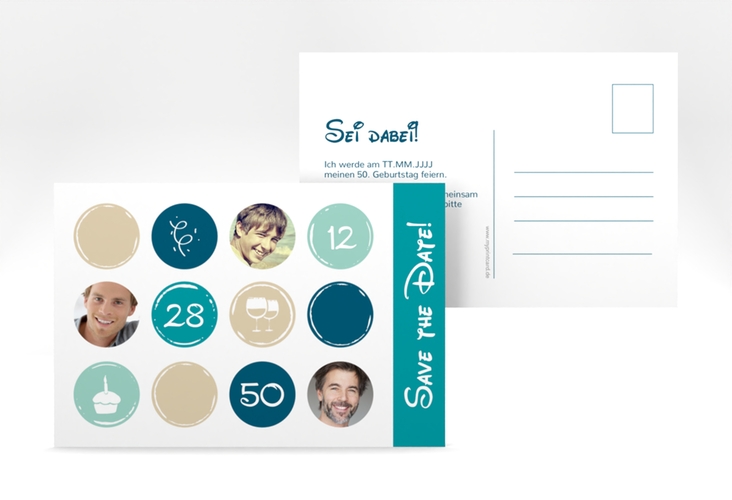 Save the Date-Postkarte Geburtstag Circles A6 Postkarte tuerkis hochglanz