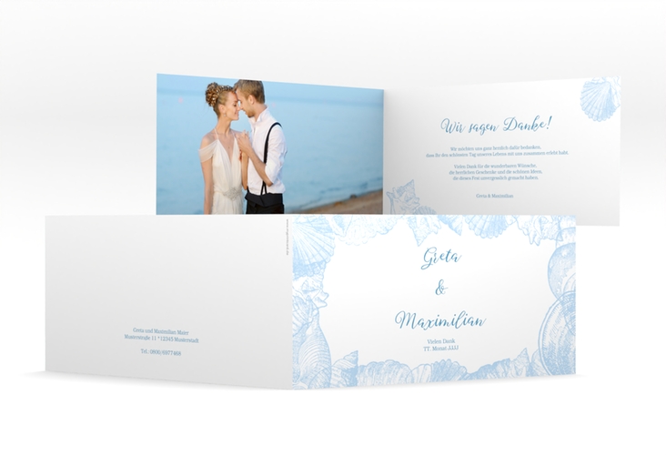 Dankeskarte Hochzeit Muschelreich lange Klappkarte quer blau