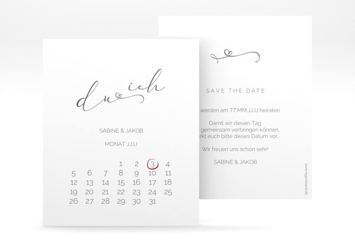 Save the Date-Kalenderblatt Zweisamkeit Kalenderblatt-Karte im minimalistischen Stil mit Aufschrift du & ich