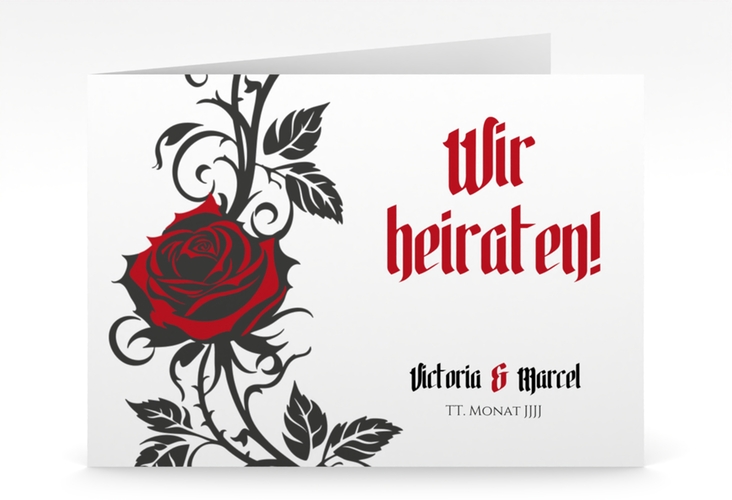 Hochzeitseinladung Red Rose mittlere Klappkarte quer weiss hochglanz