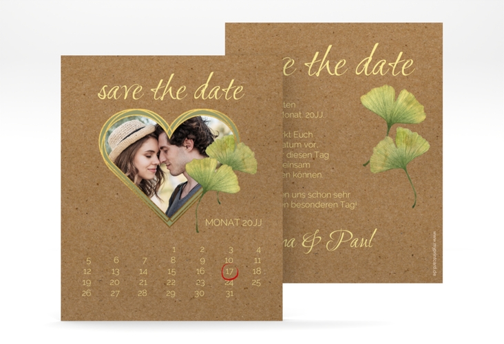 Save the Date-Kalenderblatt Ginko Kalenderblatt-Karte Kraftpapier mit Herz und zwei Ginkgo-Blättern