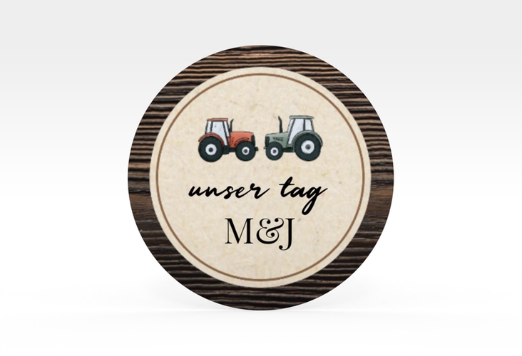 Aufkleber Hochzeit Bauernhochzeit Aufkleber, selbstklebend, rund in rustikaler Holz-Optik mit Schleierkraut und zwei kleinen Traktoren