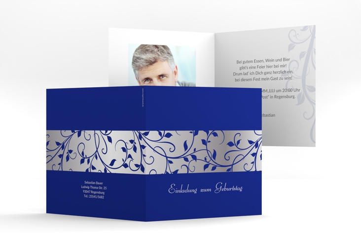 Einladung Geburtstag Hermann/Hermine quadr. Klappkarte blau