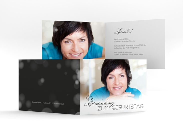 Einladung 50. Geburtstag Luminous A6 Klappkarte quer schwarz